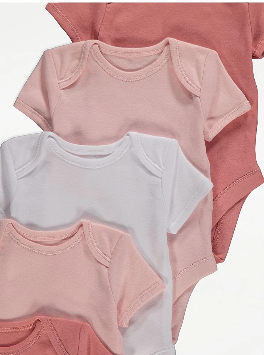 "George at Asda Baby Girls' 5-Pack Pink Short Sleeve Envelope Neck Bodysuits | Soft Cotton Infant Onesies"