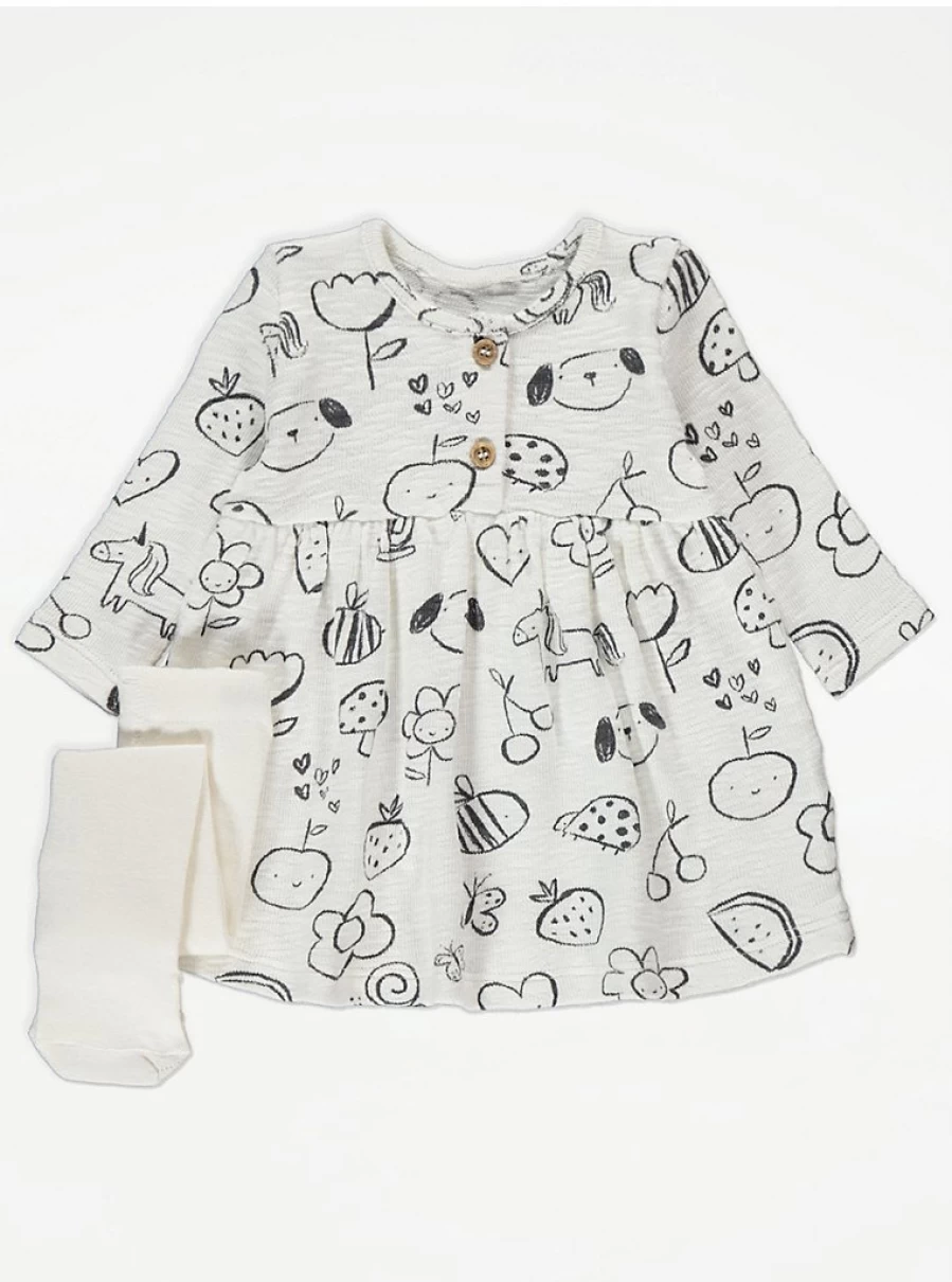 "George at Asda Baby Girls' White Doodle Print Long Sleeve Dress & Tights Set – Reviews & Outfit Details"