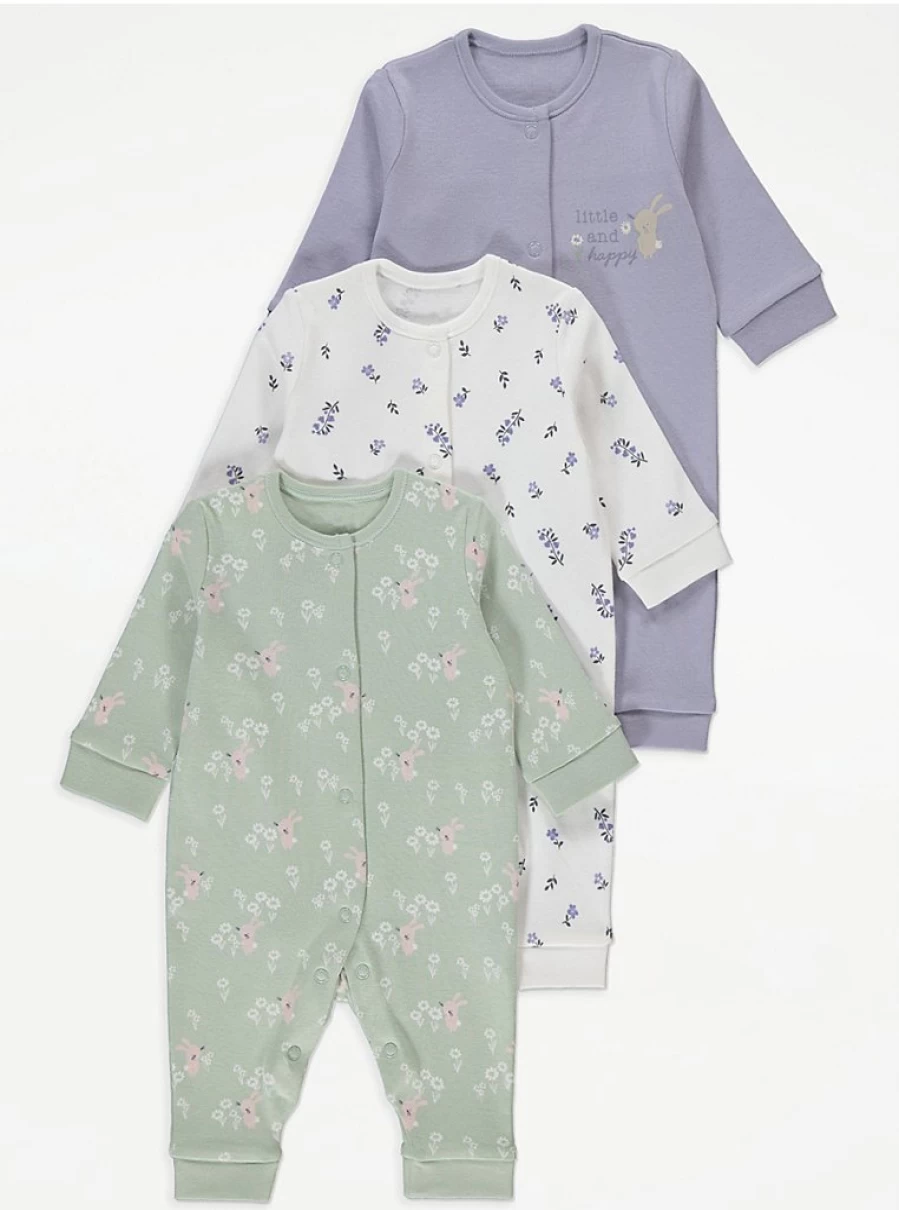 George at Asda Baby Boys/Girls Bunny Bluebell Footless Sleepsuits 3-Pack - Soft Cotton Pajama Set for Infants & Toddlers