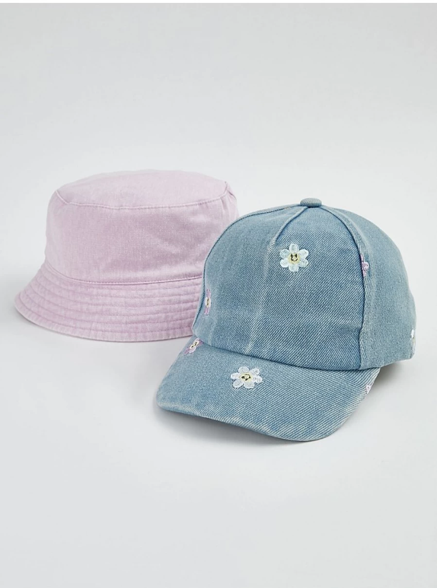 "George at Asda Girls' Smiley Flower Denim Cap & Pink Bucket Hat 2-Piece Set"