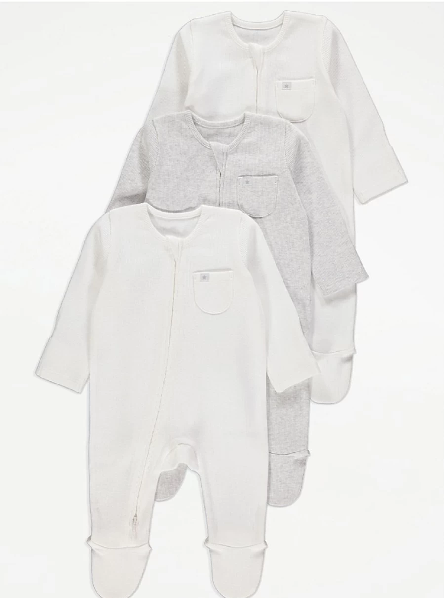 "George at Asda Baby Ribbed Long Sleeve 2-Way Zip Sleepsuits 3-Pack | Soft Comfort Pajamas"