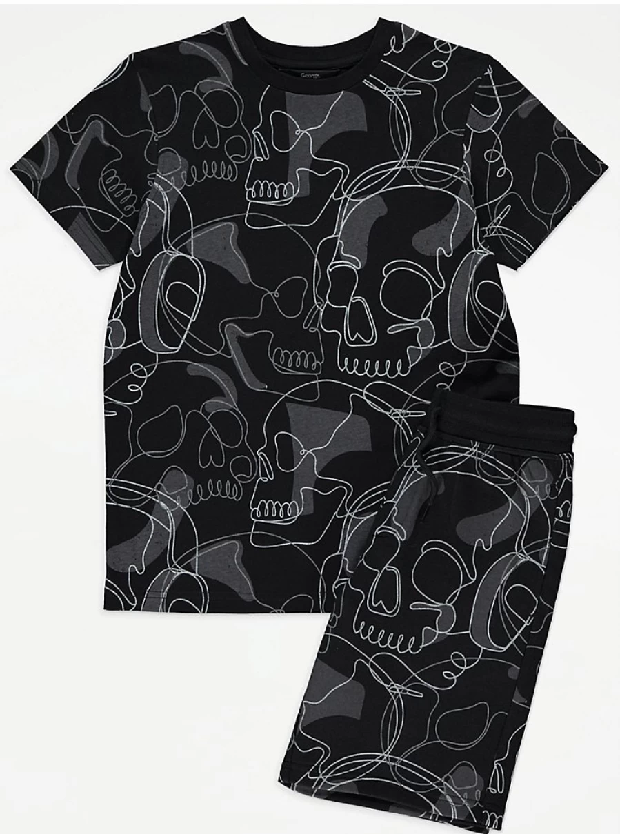 "George at Asda Boys Black Skull Print Sketch T-Shirt and Shorts Outfit Set"