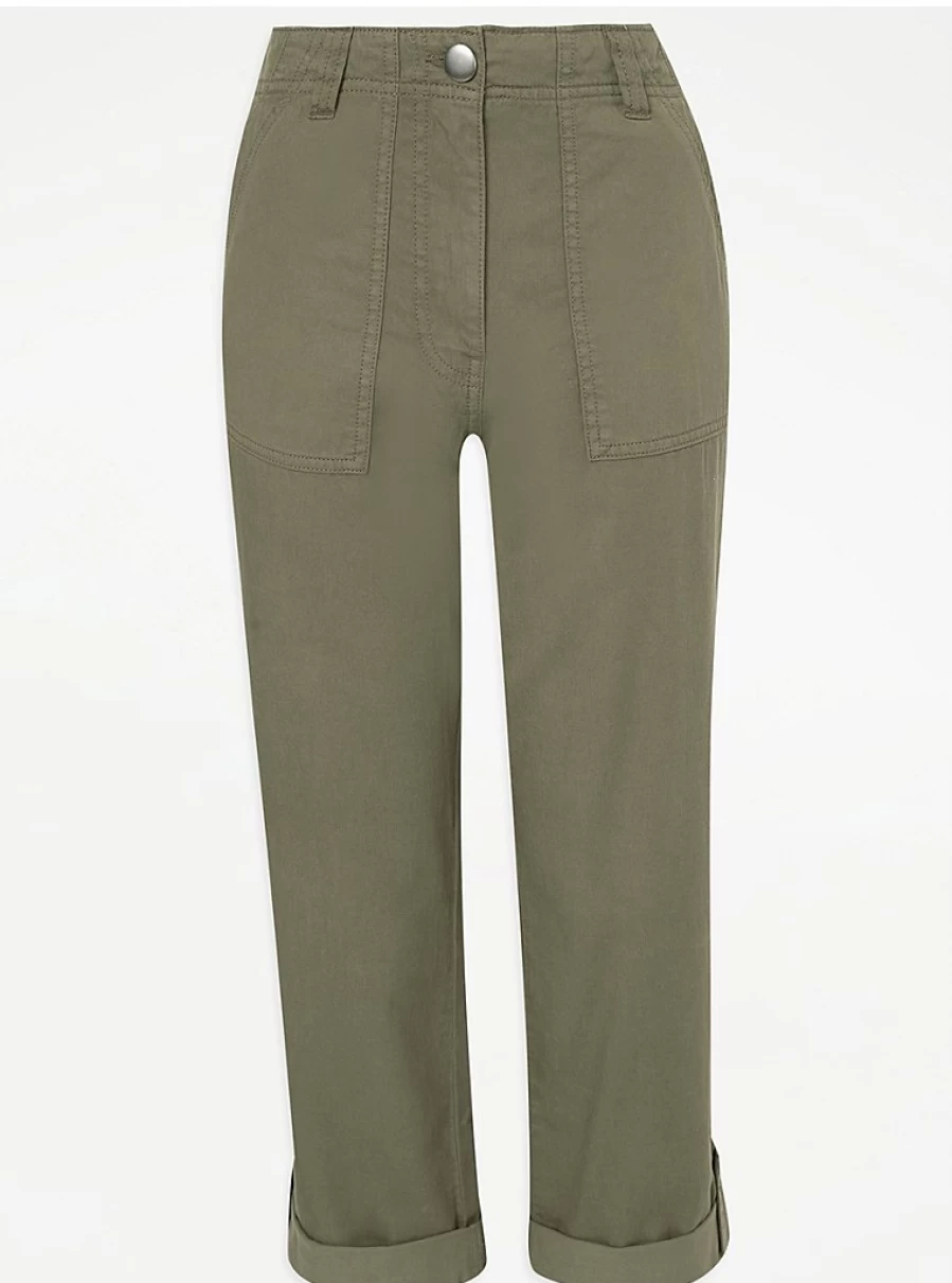 "Women's Khaki Cropped Cotton Blend Twill Trousers | George at Asda"