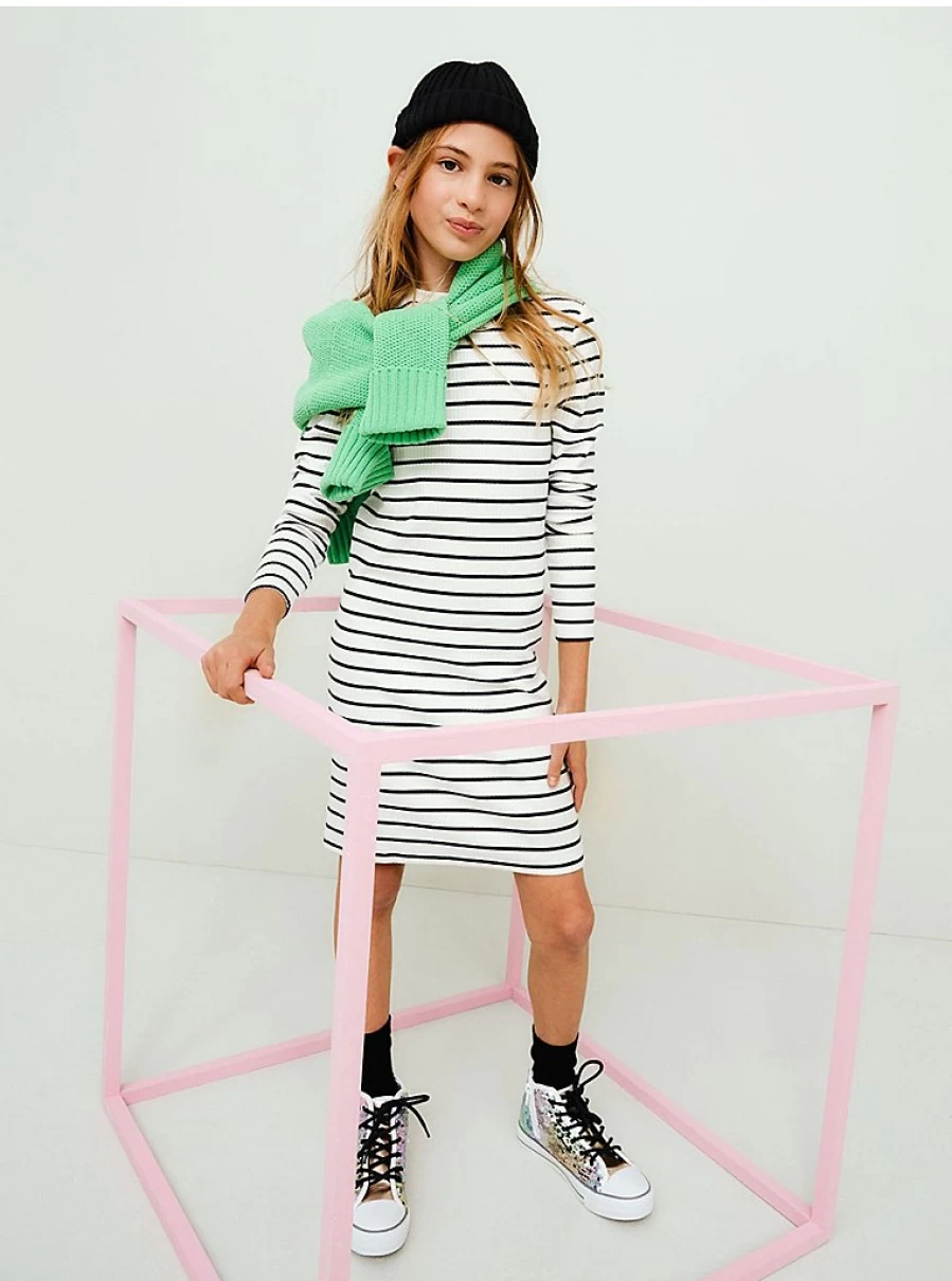 "George at Asda Girls' White Striped Ribbed Long Sleeve Dress - Reviews & Sizing Guide"