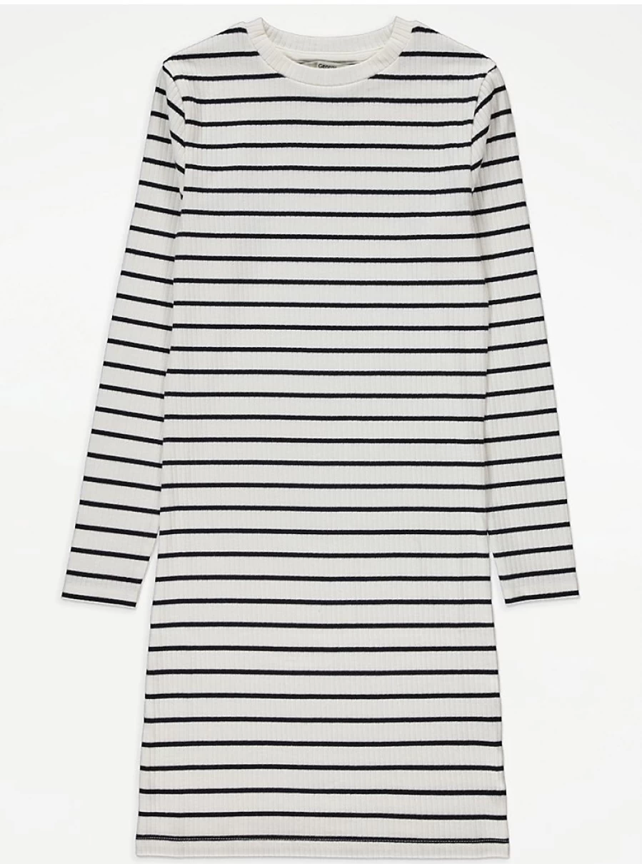 "George at Asda Girls' White Striped Ribbed Long Sleeve Dress - Reviews & Sizing Guide"