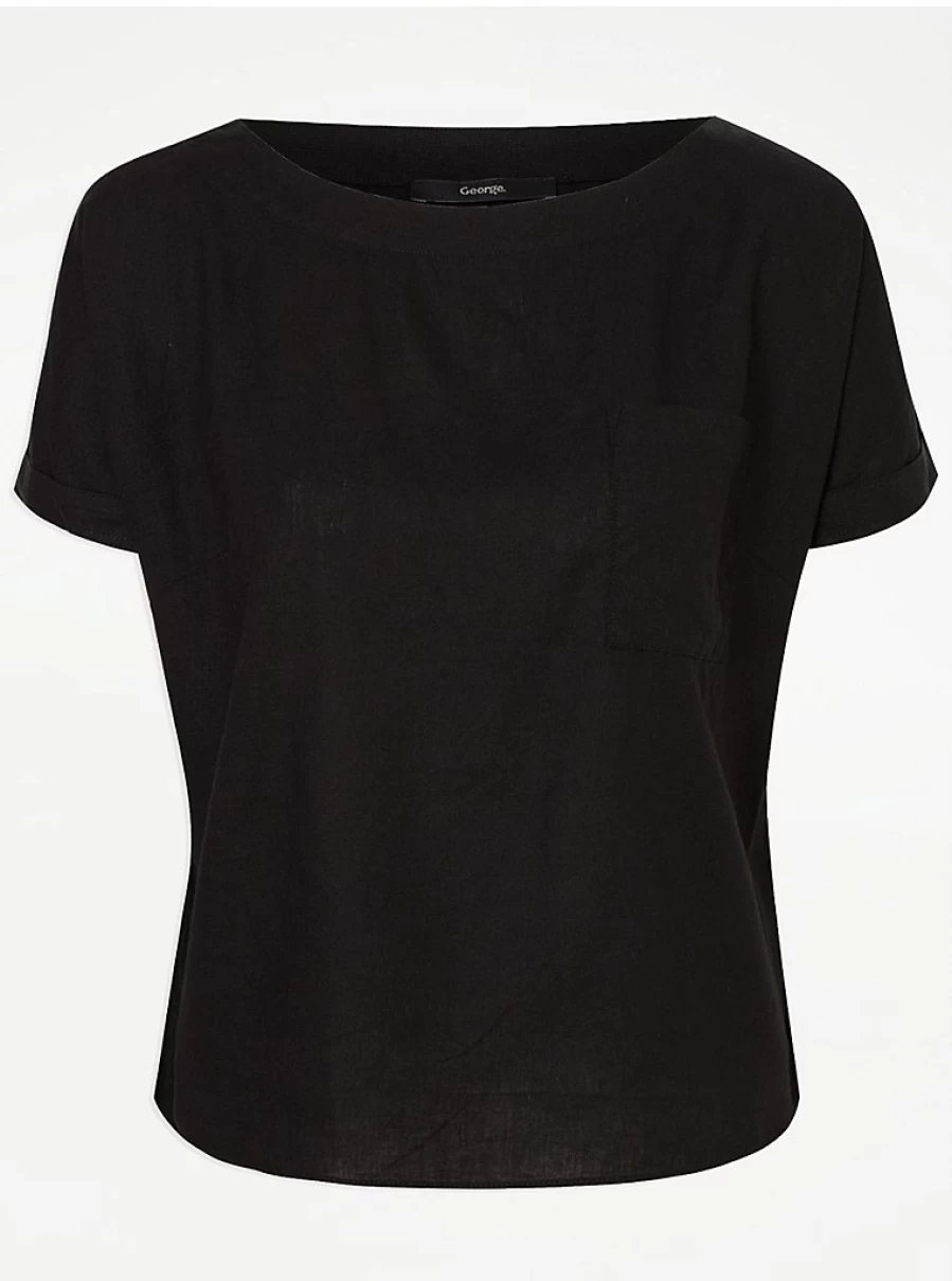 "George at Asda Women's Black Linen Blend Boat Neck Short Sleeve Top"