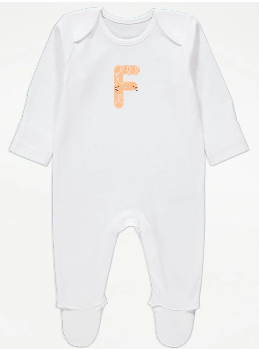 "George at Asda Baby White Animal Letter F Sleepsuit – Comfortable & Cute Sleepwear for Infants"