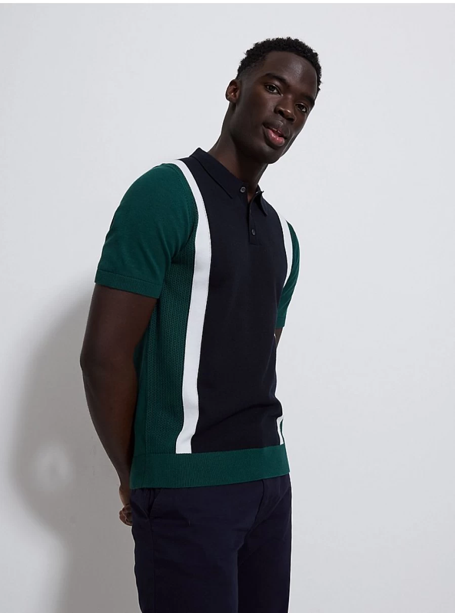 "George at Asda Men's Colour Block Knitted Polo Shirt – Short Sleeve Pointelle Design"
