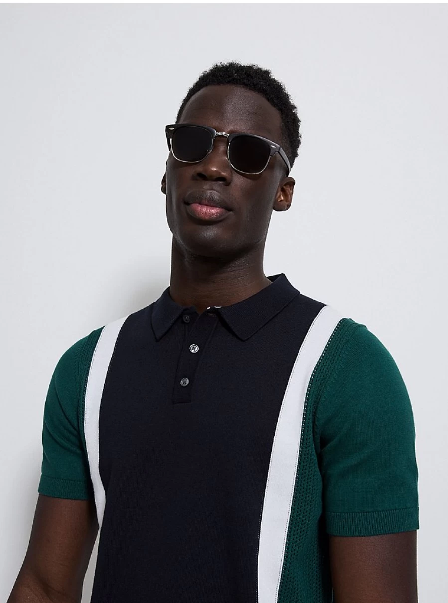 "George at Asda Men's Colour Block Knitted Polo Shirt – Short Sleeve Pointelle Design"