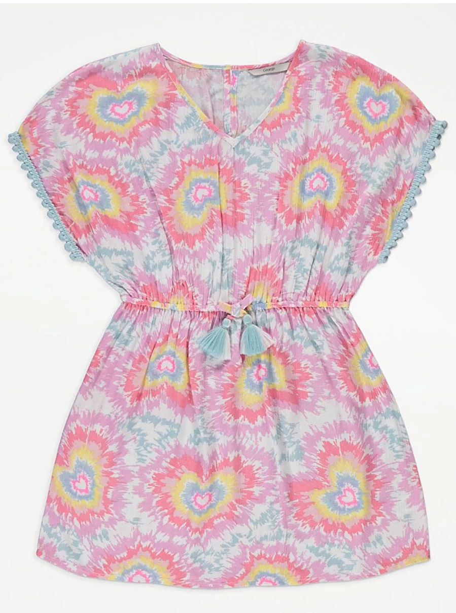 "George at Asda Girls Pink Heart Tie Dye Kaftan – Comfortable & Stylish Kids Wear"