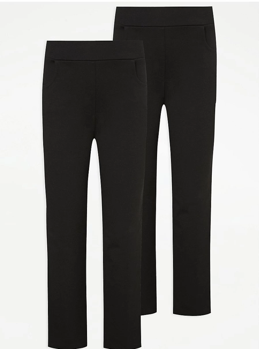 "George at Asda Girls' Black Slim Fit School Trousers 2-Pack – Comfortable Jersey Fabric for School Uniforms"