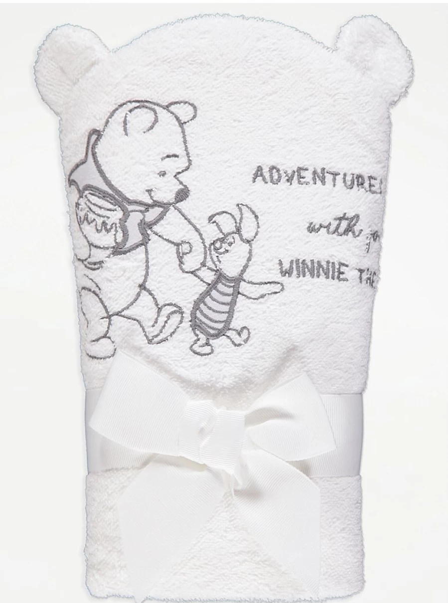Disney Winnie The Pooh Baby Hooded Towel - Soft White Cotton Bath Towel for Infants by George at Asda