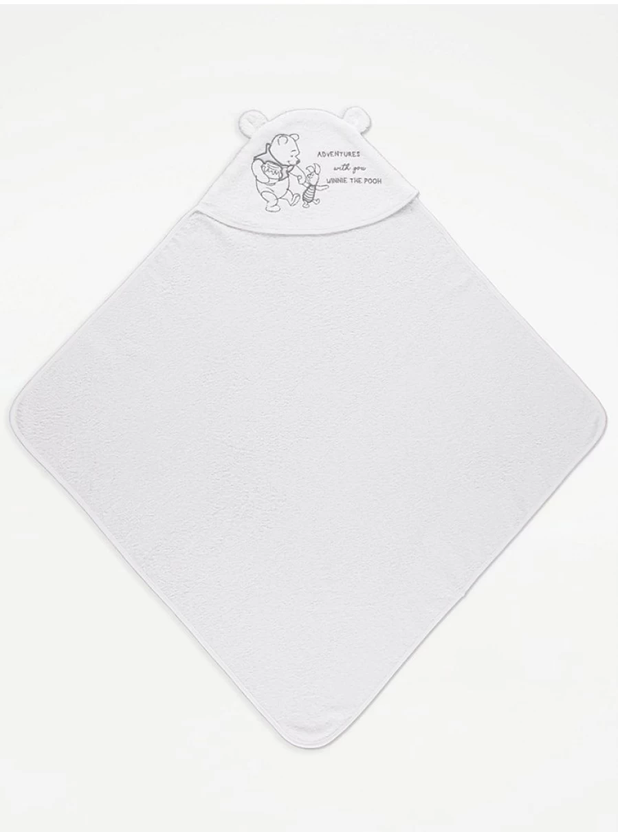Disney Winnie The Pooh Baby Hooded Towel - Soft White Cotton Bath Towel for Infants by George at Asda