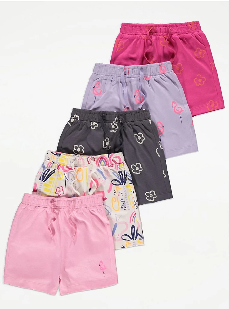 Girls' Bright Flamingo Floral Jersey Shorts 5-Pack | George at Asda | Comfort & Style for Kids