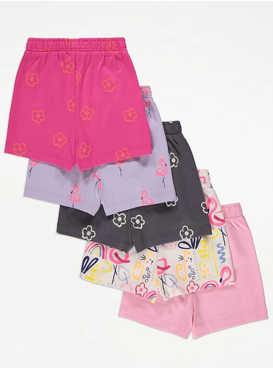 Girls' Bright Flamingo Floral Jersey Shorts 5-Pack | George at Asda | Comfort & Style for Kids