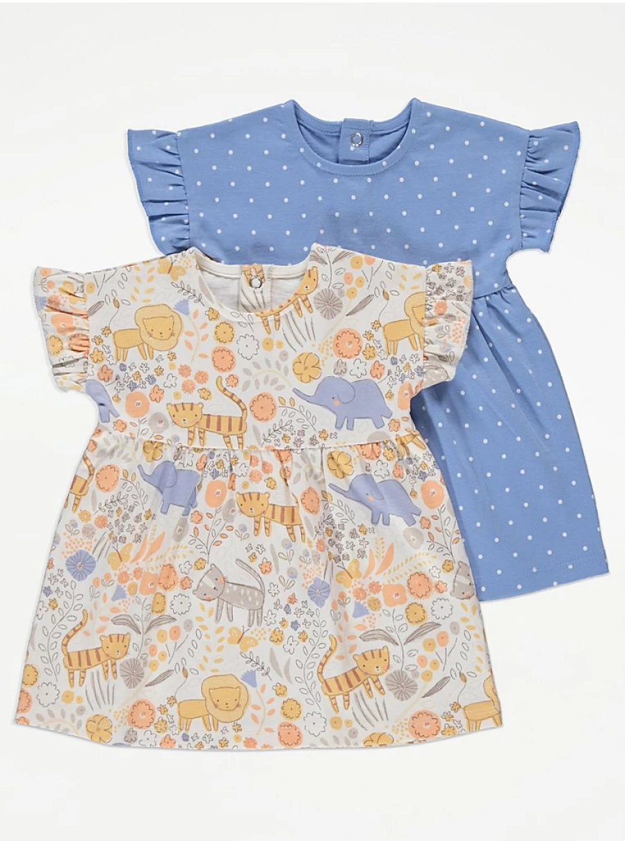 George at Asda Baby Girls' 2-Pack Polka Dot Safari Animal Print Frill Dresses