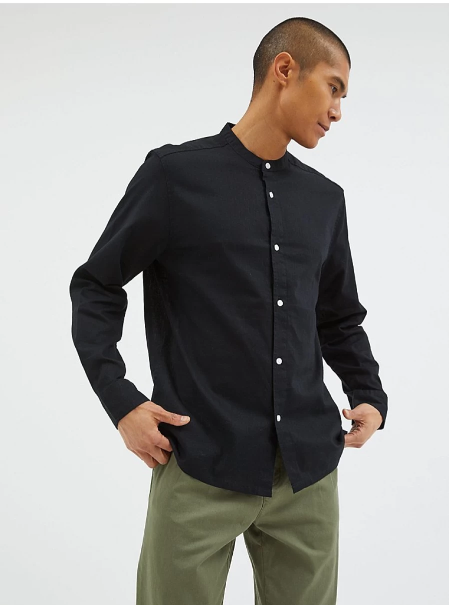 "George at Asda Men's Black Linen Blend Grandad Collar Shirt – Comfort & Style"