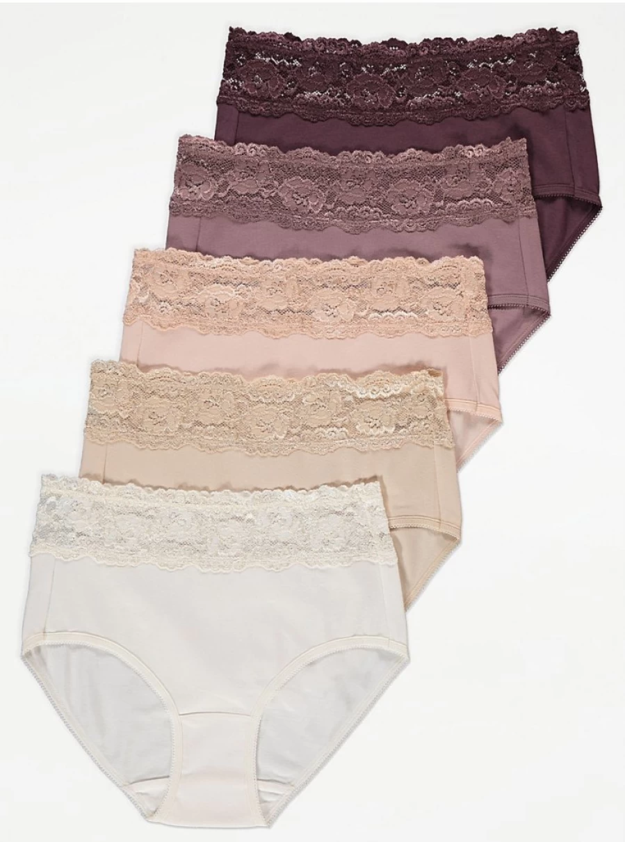 "George at Asda Neutral Lace Top Midi Knickers 5-Pack | Comfortable Lingerie Set"