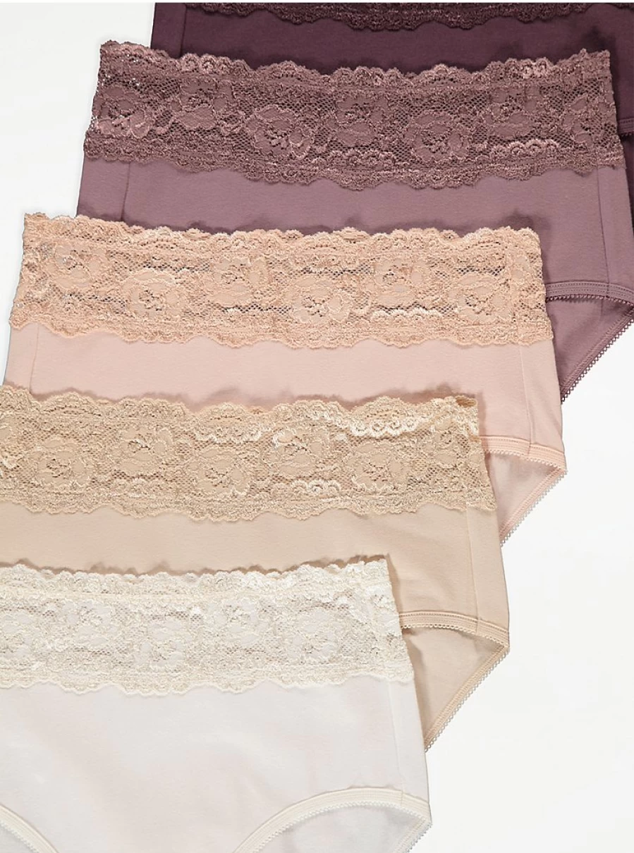 "George at Asda Neutral Lace Top Midi Knickers 5-Pack | Comfortable Lingerie Set"