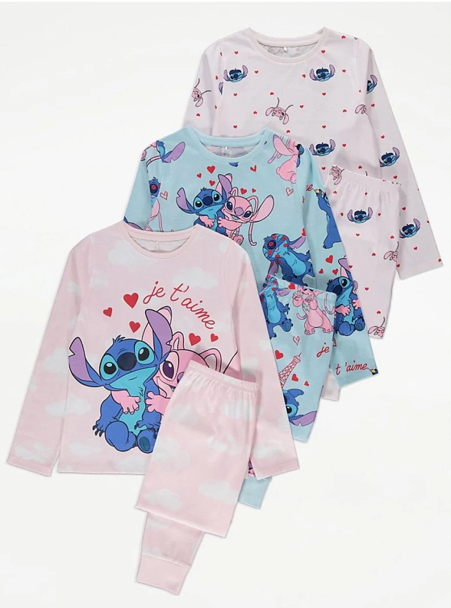 "George at Asda Kids Disney Lilo & Stitch Valentine's Pyjamas 3-Pack | Comfortable & Cute Pajama Set"