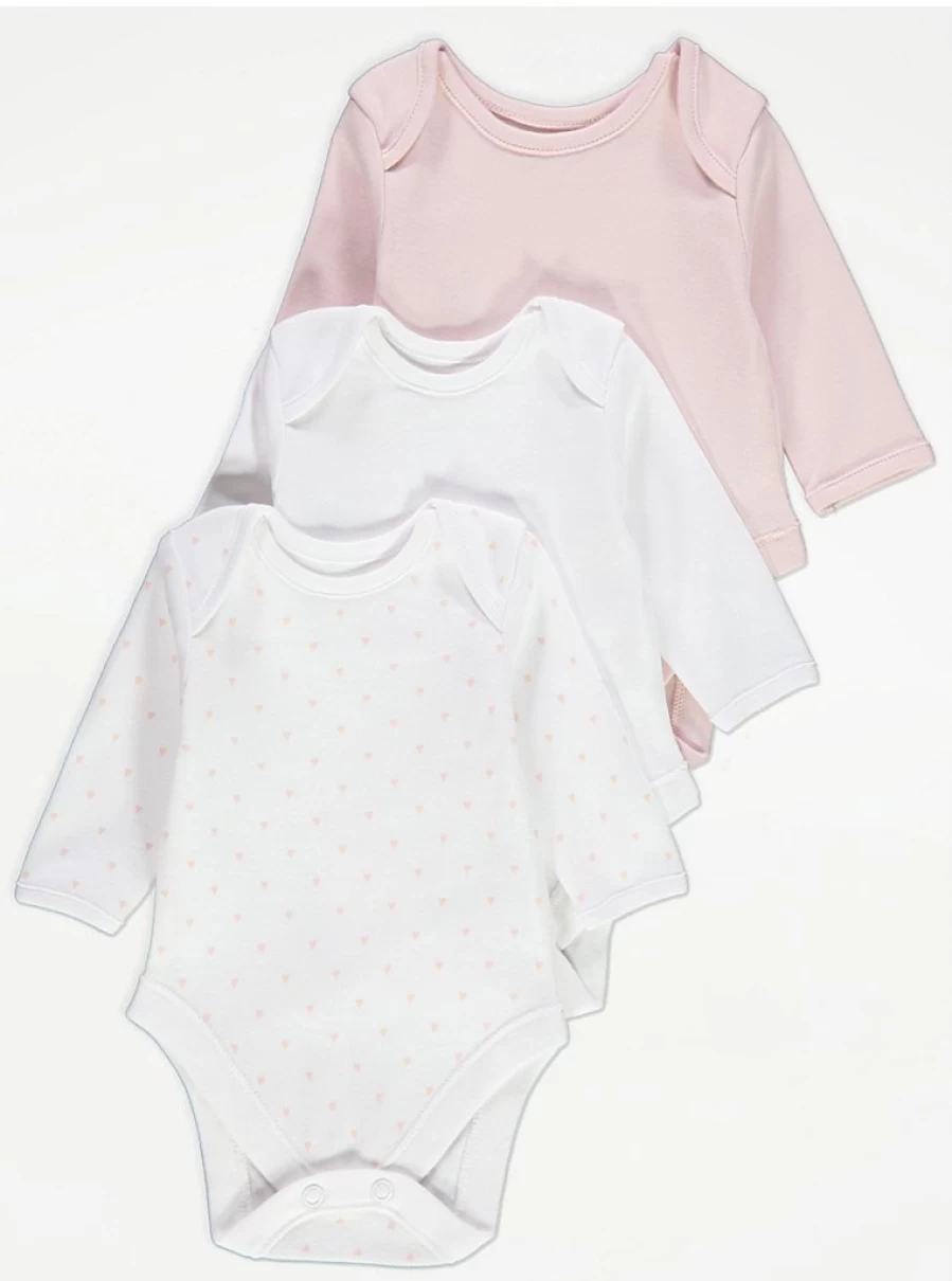 "George at Asda Baby Girls' 3-Pack Pink Mini Heart Long Sleeve Bodysuits | Soft Cotton Rompers"