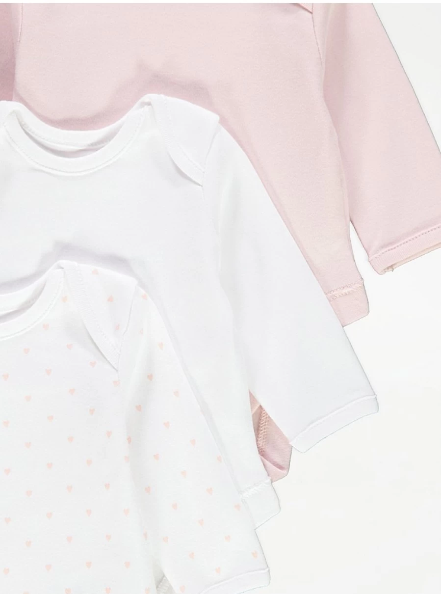 "George at Asda Baby Girls' 3-Pack Pink Mini Heart Long Sleeve Bodysuits | Soft Cotton Rompers"
