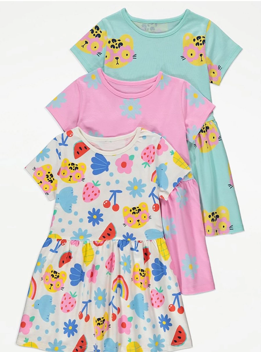 "George at Asda Girls' Cheetah Floral Short Sleeve Dresses 3-Pack | Kids' Animal Print Summer Outfits"