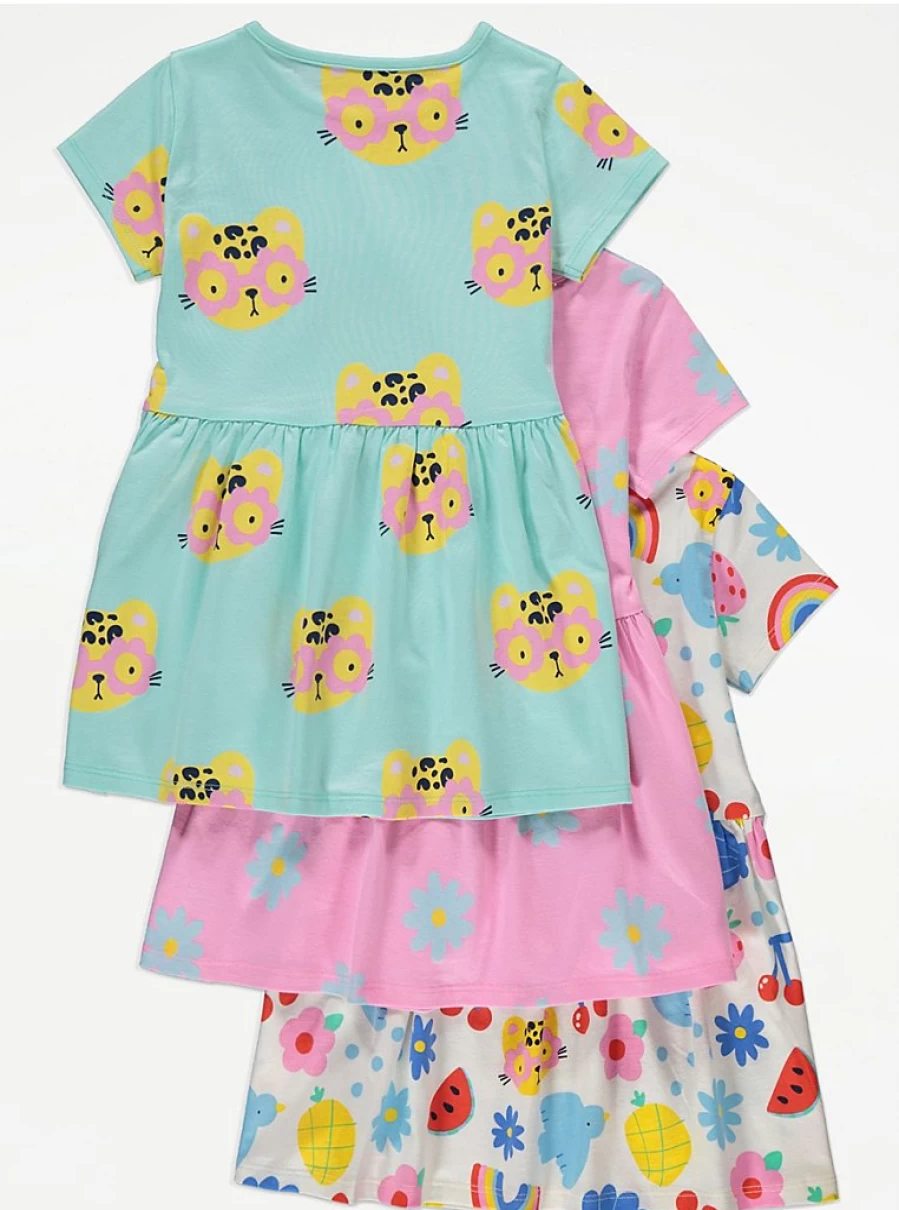 "George at Asda Girls' Cheetah Floral Short Sleeve Dresses 3-Pack | Kids' Animal Print Summer Outfits"