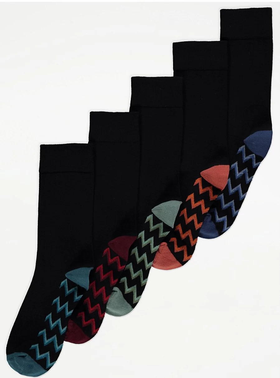 "George at Asda Men's Black Zig Zag Cotton Ankle Socks 5-Pack | Comfort & Style"