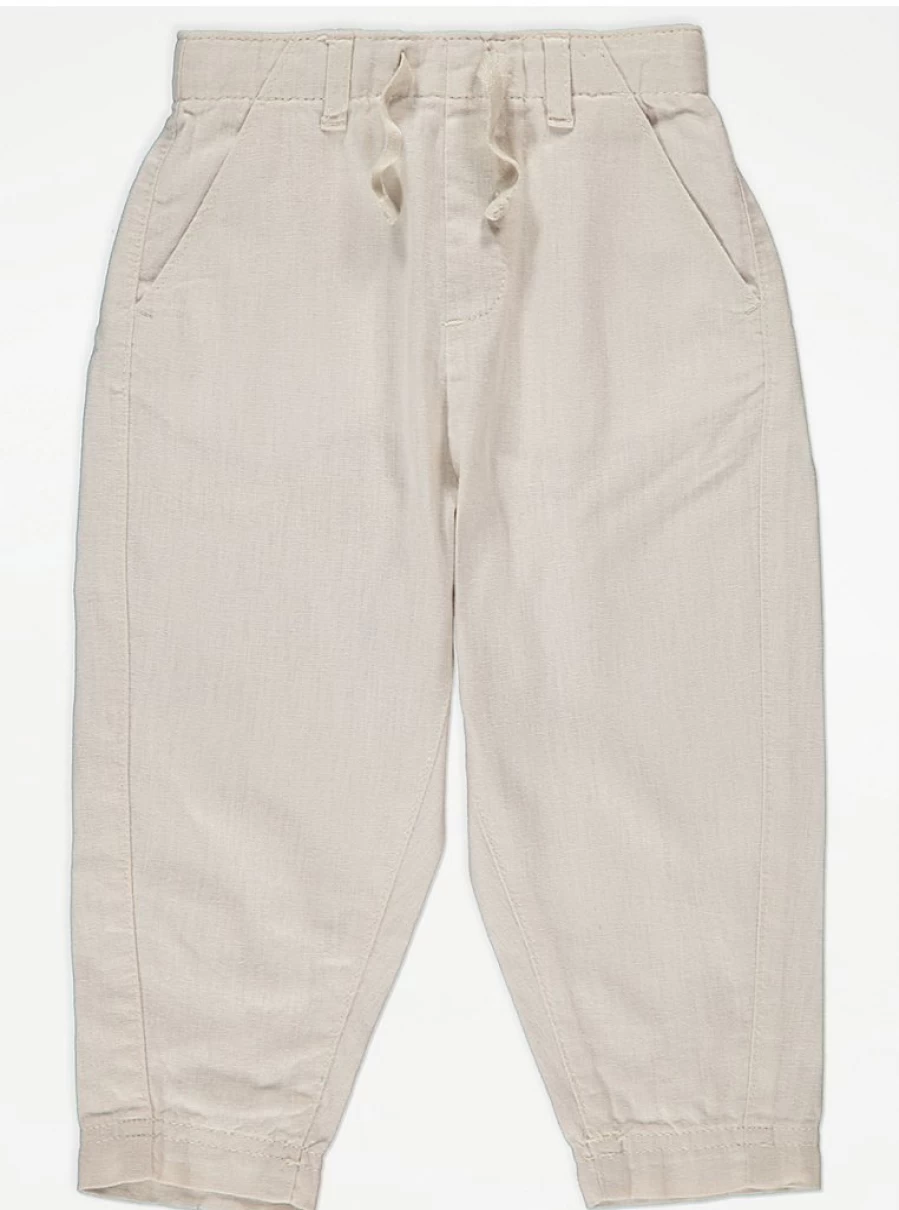 George at Asda Boys' Relaxed Fit Linen Blend Trousers | Comfortable Stone-Colored Casual Pants for Kids