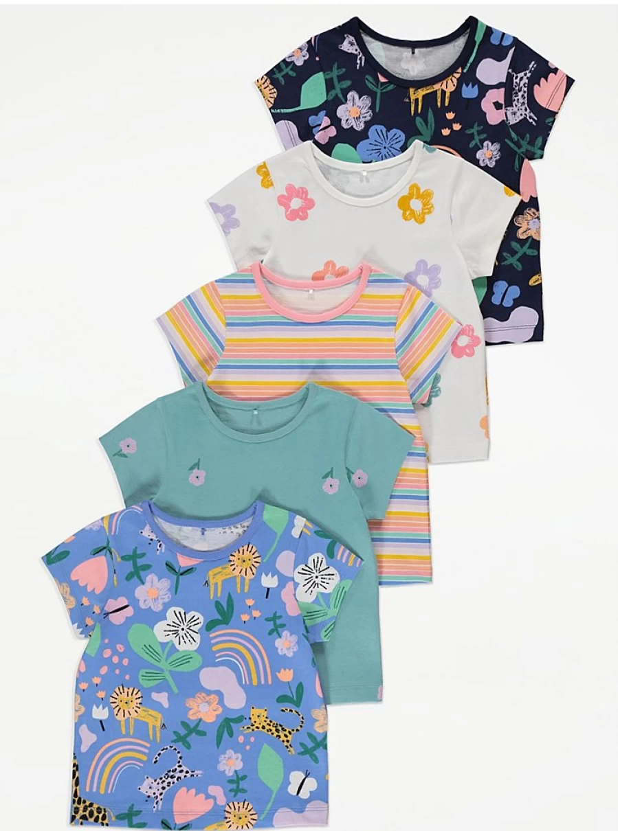 "George at Asda Girls' Bright Patterned T-Shirts 5-Pack | Kids' Colorful Short Sleeve Tees"