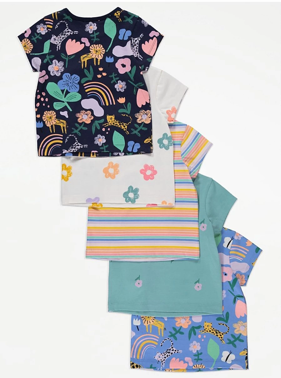 "George at Asda Girls' Bright Patterned T-Shirts 5-Pack | Kids' Colorful Short Sleeve Tees"