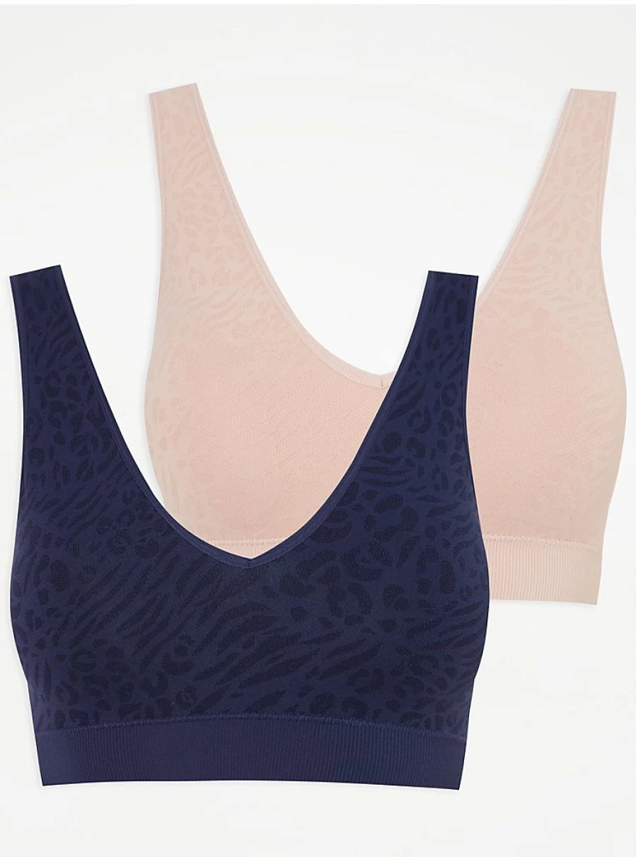 Women's V-Neck Seamless Leopard Print Pull-On Bras 2-Pack | Comfort Wireless Bralette | George at Asda