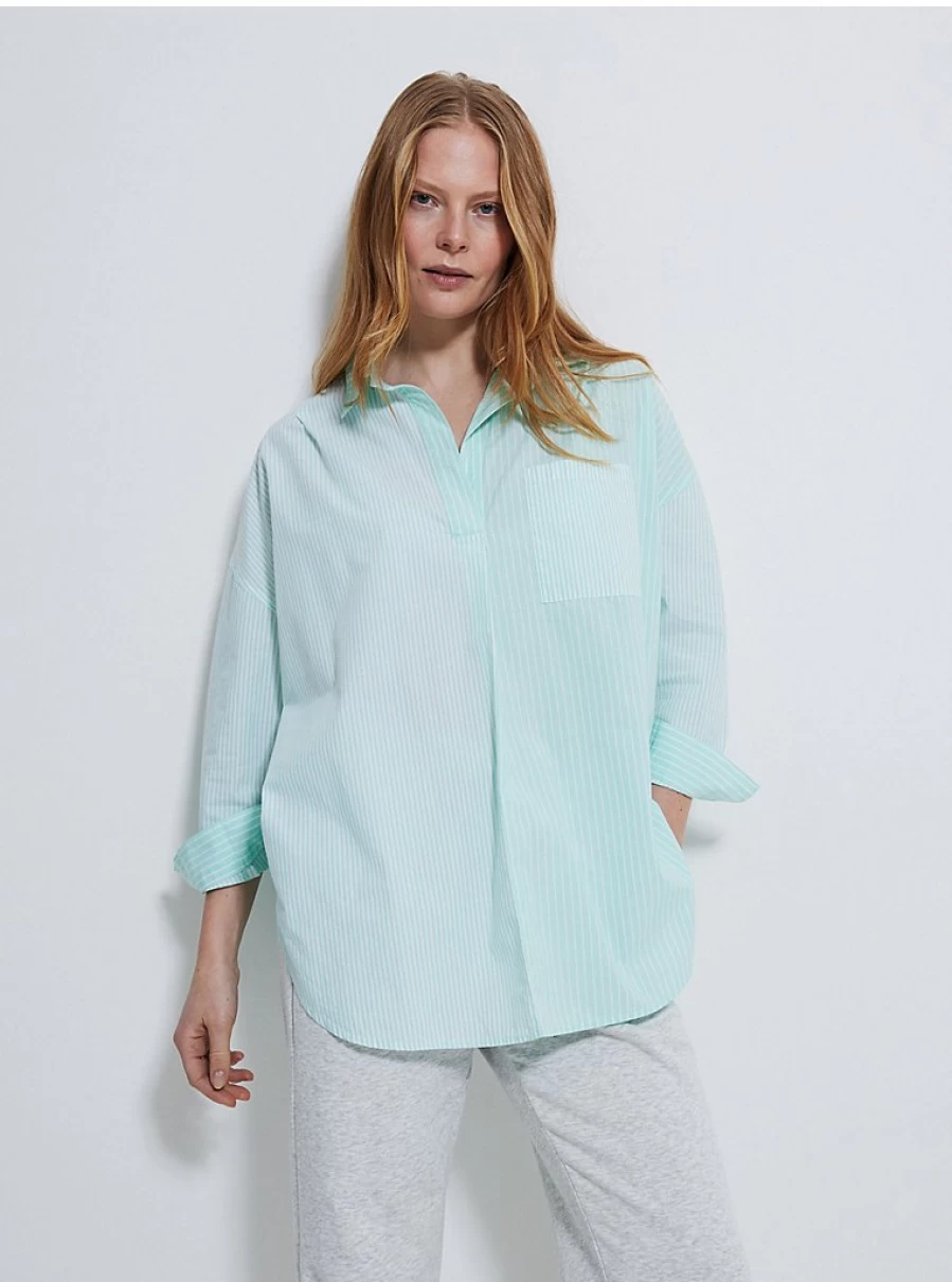 "George at Asda Women's Mint Green Striped Oversized Popover Shirt with Pocket – Stylish & Comfortable"