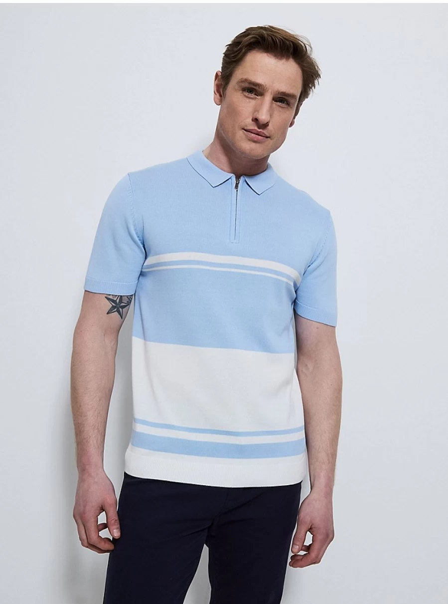 Men's Light Blue Striped Short Sleeve Knitted Polo Shirt with Zip Neck | George at Asda
