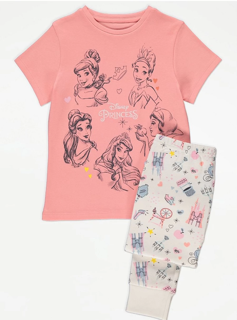 "George at Asda Disney Princess Pink Kids' Short Sleeve Pyjamas | Comfortable Sleepwear for Girls"