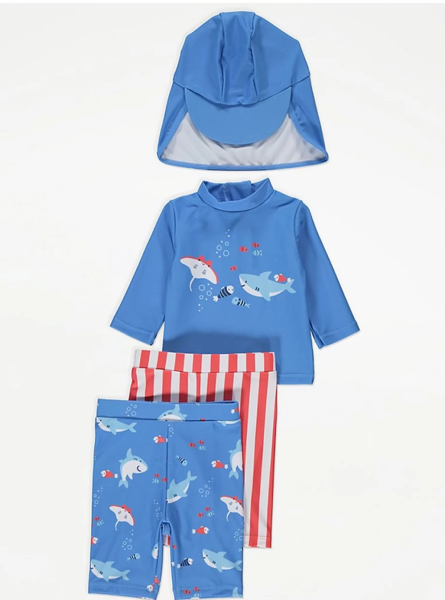 "George at Asda Baby Blue Shark Sunsafe Rash Guard Set with Hat – UV Protection Swimwear"