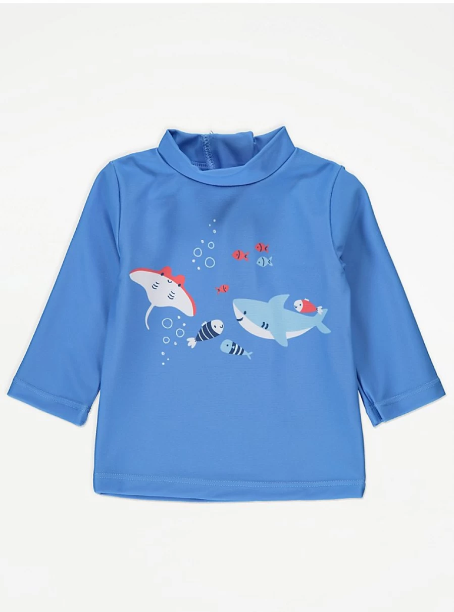 "George at Asda Baby Blue Shark Sunsafe Rash Guard Set with Hat – UV Protection Swimwear"