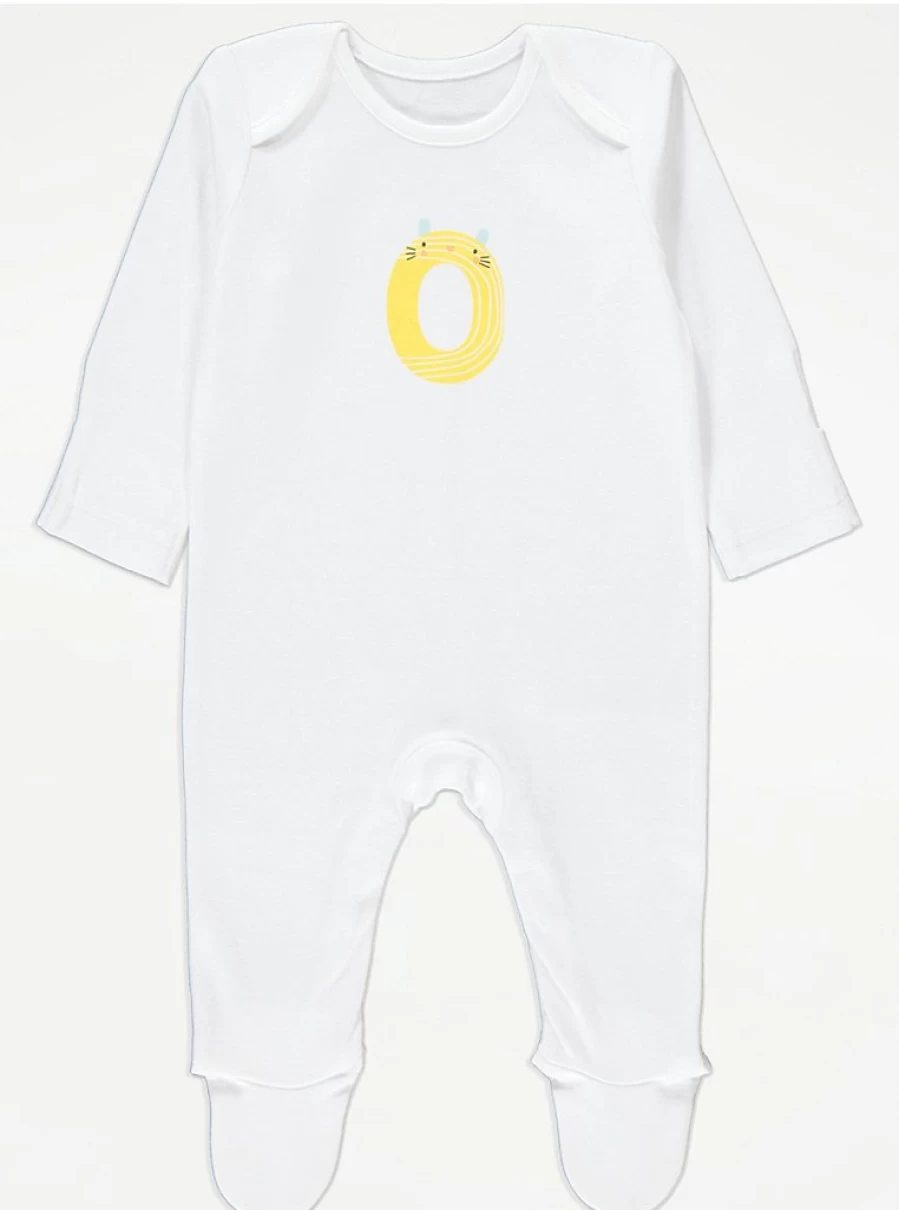 "George at Asda Baby White Animal Letter O Sleepsuit – Comfortable & Cute Sleepwear for Infants"