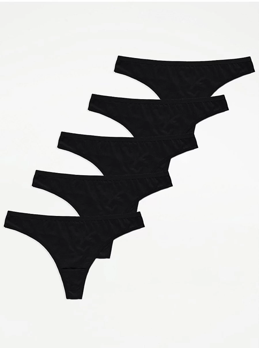 George at Asda Black Microfibre Thongs 5-Pack - Comfortable Women's Lingerie Multipack