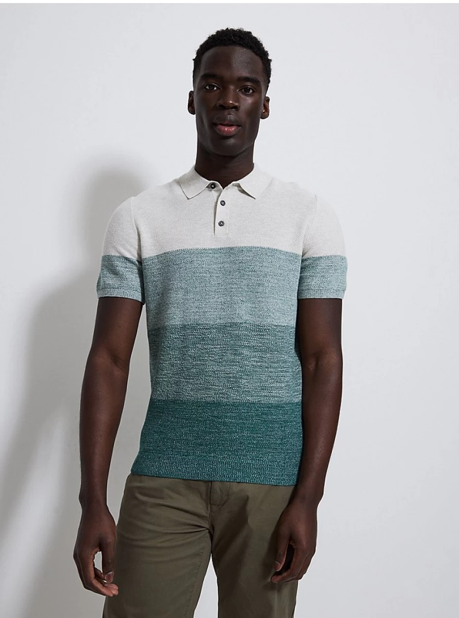 Men's Teal Ombre Striped Knit Polo Shirt | George at Asda