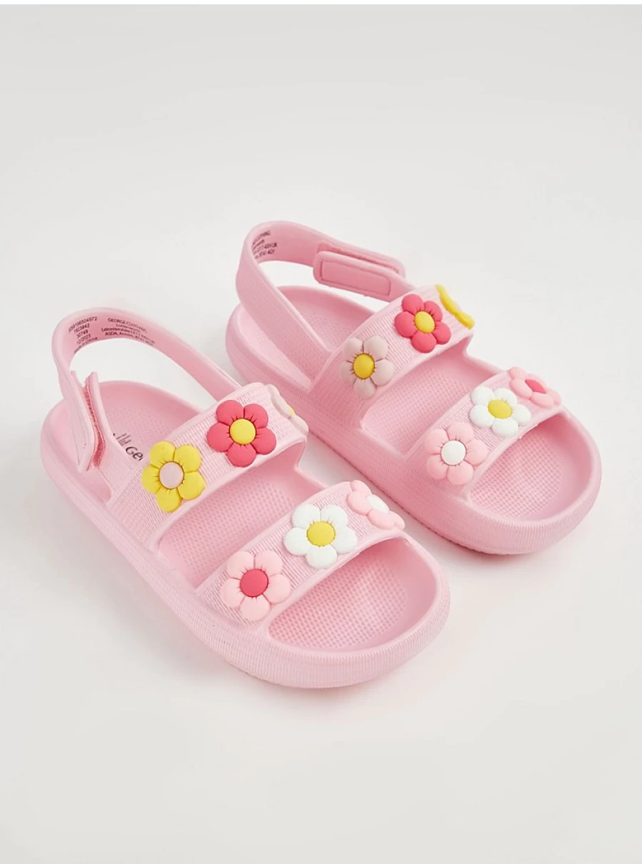 "George at Asda Girls' Pink Flower Double Strap Sandals – Comfortable Kids' Summer Footwear"