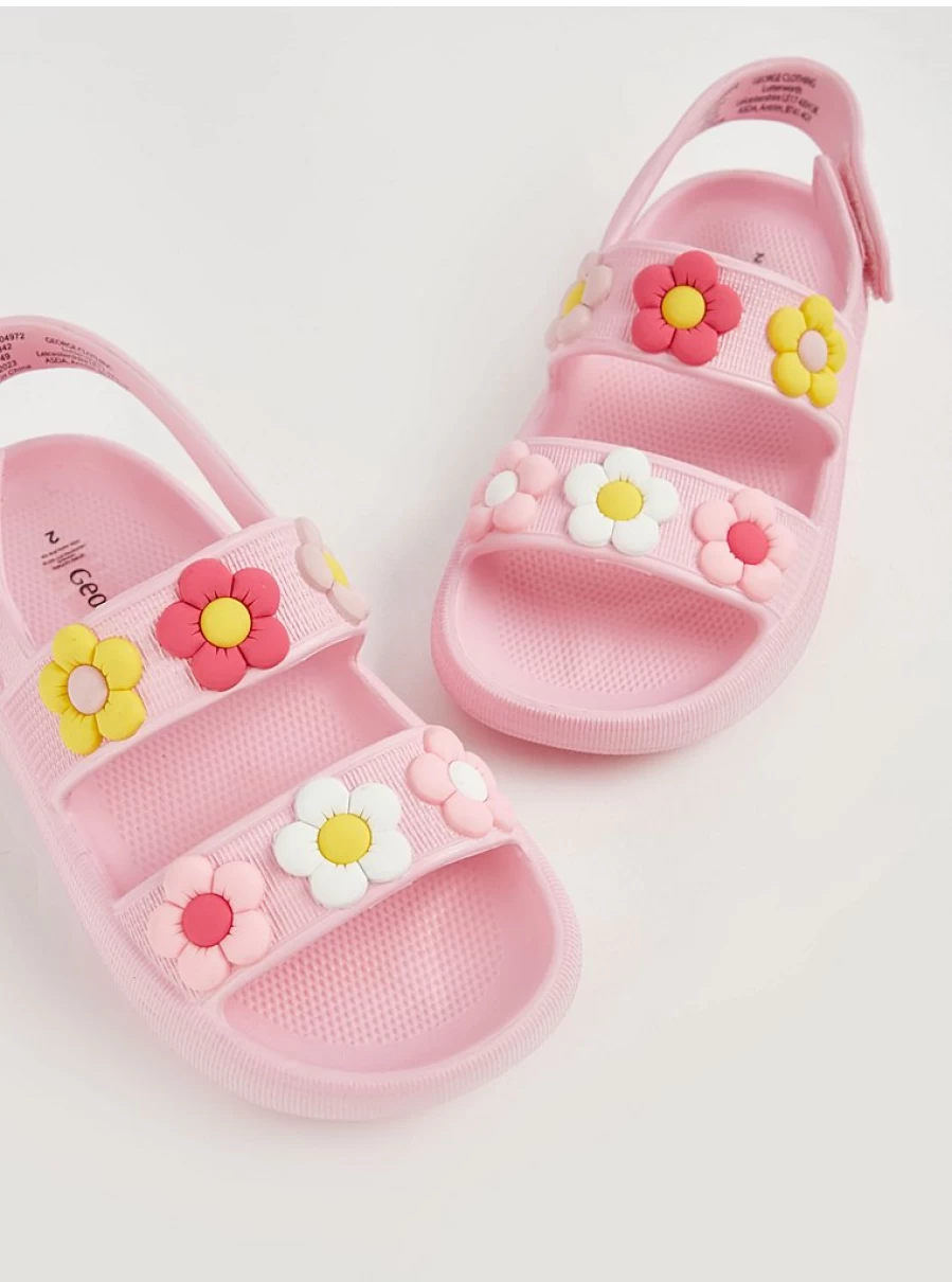 "George at Asda Girls' Pink Flower Double Strap Sandals – Comfortable Kids' Summer Footwear"