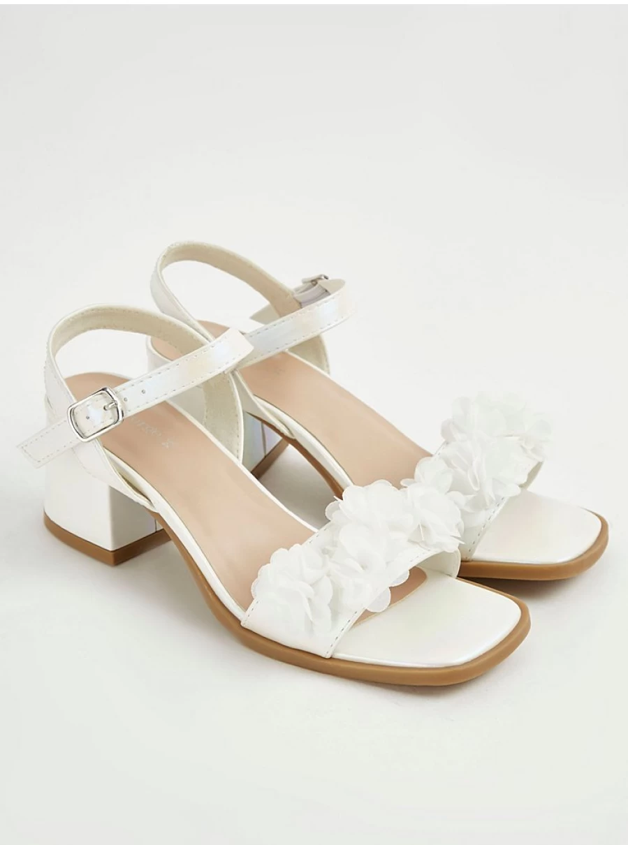 George at Asda Girls' White Flower Corsage Block Heel Sandals for Kids | Comfortable & Stylish