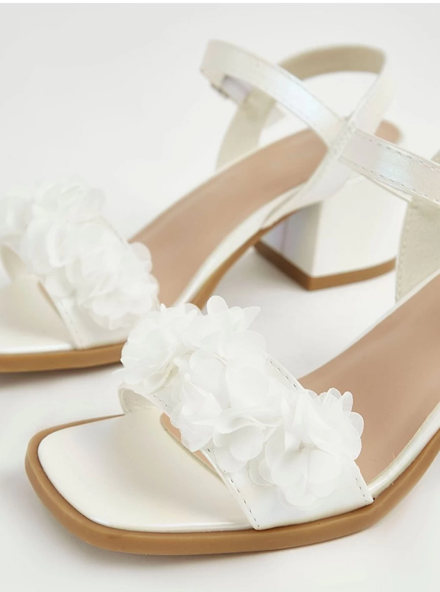 George at Asda Girls' White Flower Corsage Block Heel Sandals for Kids | Comfortable & Stylish