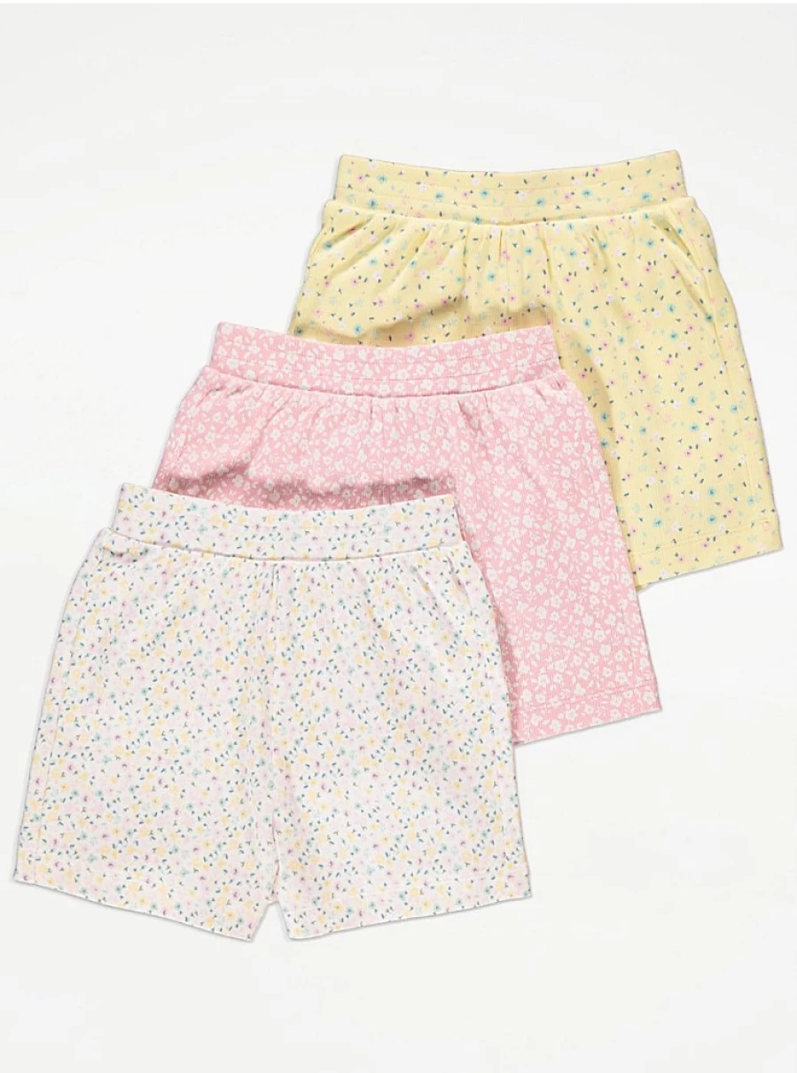 "George at Asda Girls' Pastel Ditsy Floral Ribbed Shorts 3-Pack | Soft Comfort Kids' Shorts"