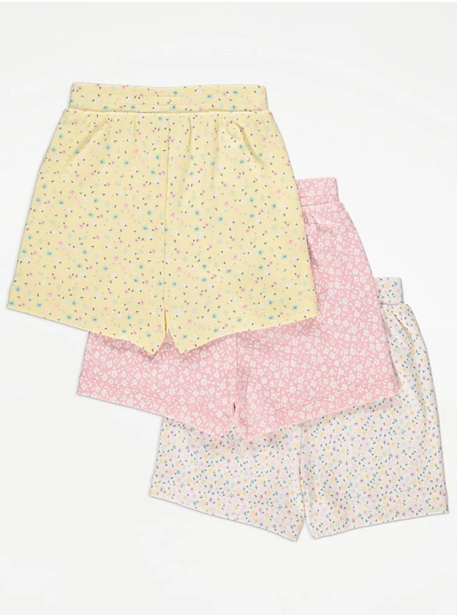 "George at Asda Girls' Pastel Ditsy Floral Ribbed Shorts 3-Pack | Soft Comfort Kids' Shorts"
