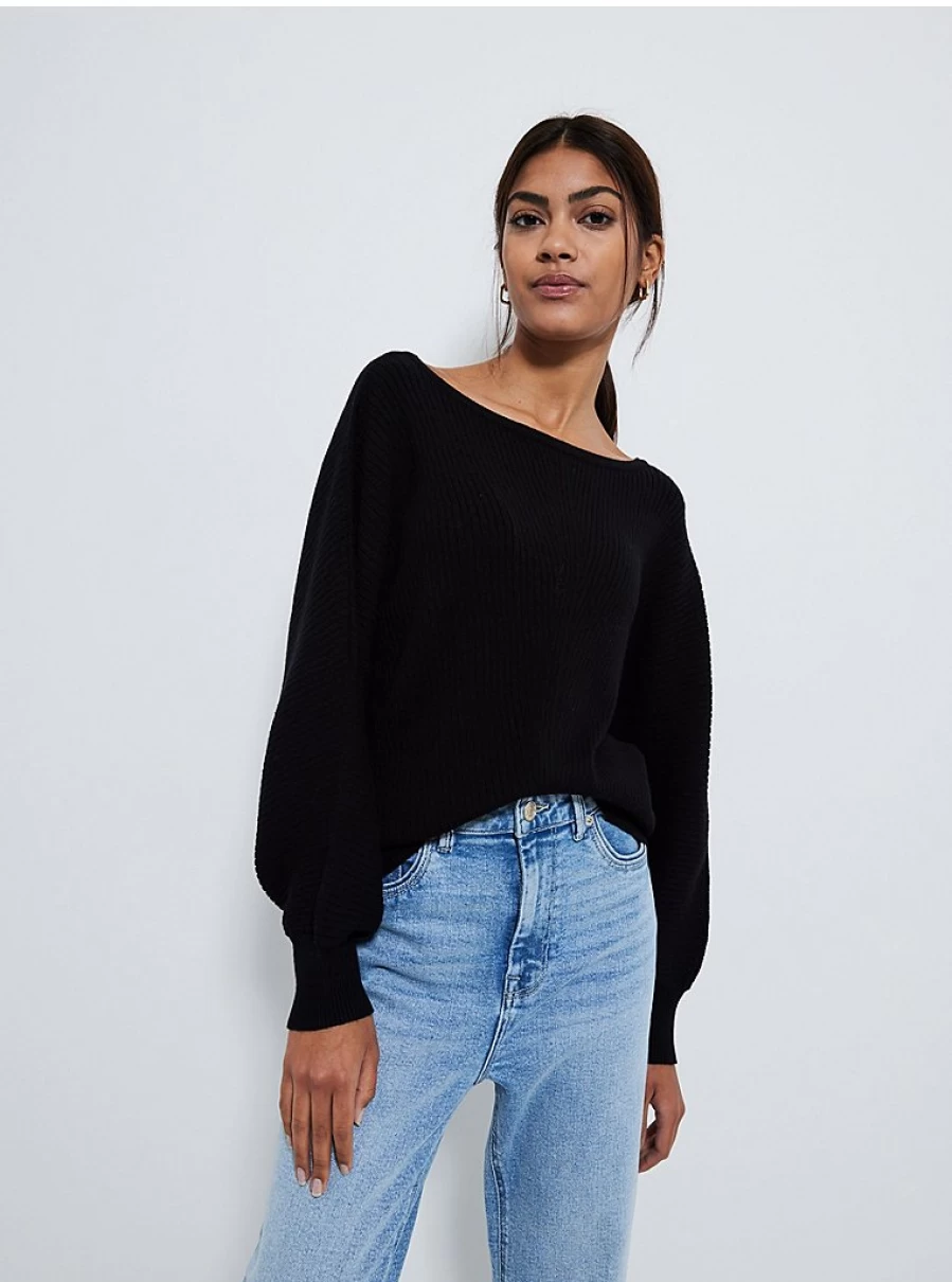 Women's Black V-Neck Ribbed Knit Jumper with Batwing Sleeves | George at Asda