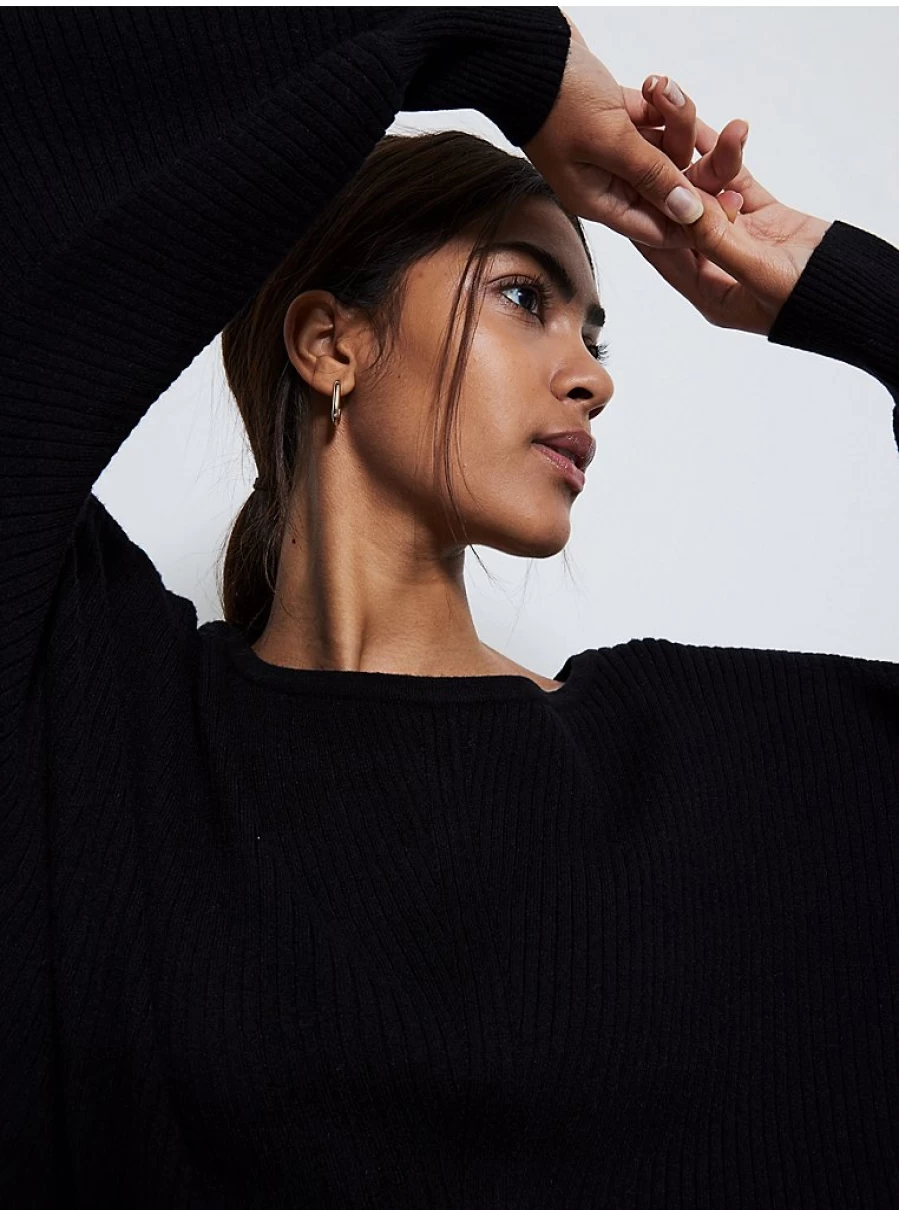 Women's Black V-Neck Ribbed Knit Jumper with Batwing Sleeves | George at Asda