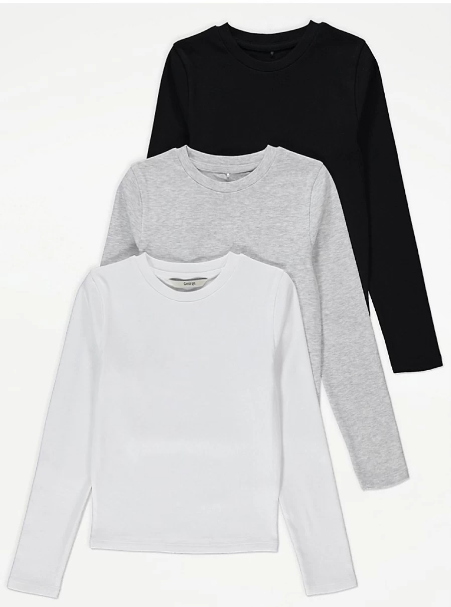 "George at Asda Girls' 3 Pack Mono Scoop Neck Long Sleeve Tops | Kids Clothing Reviews"